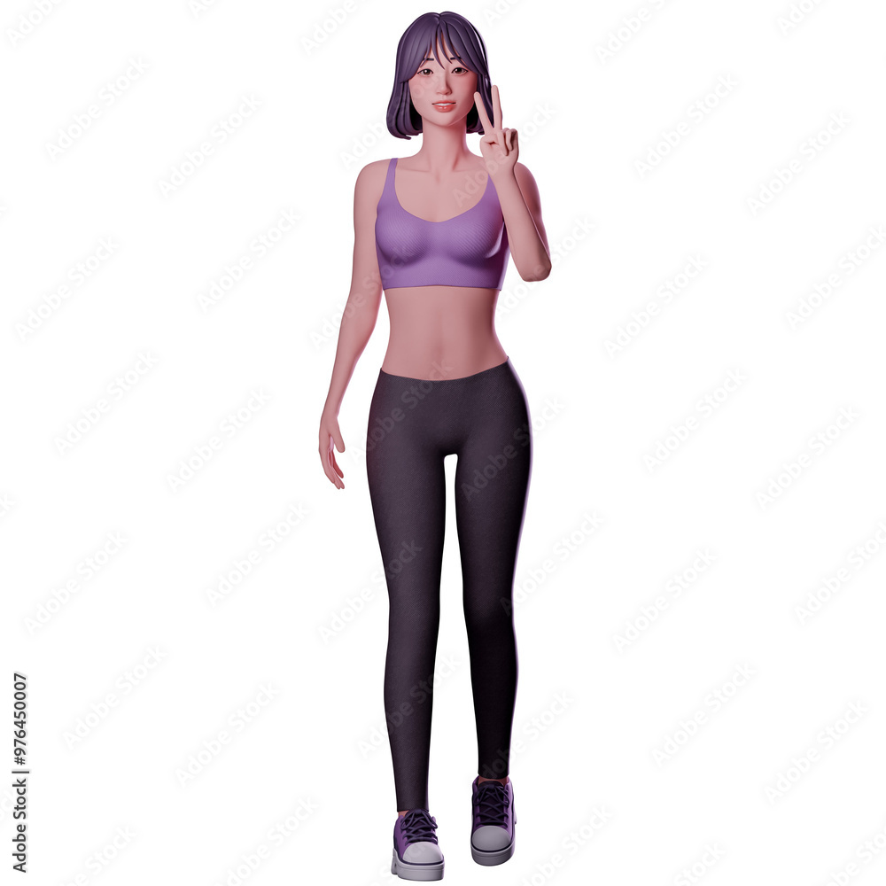 Beauty sport girl in sport wear doing peace hand gesture with right hand, 3D character render Beauty sport girl in sport wear doing peace hand gesture with right hand, 3D character render