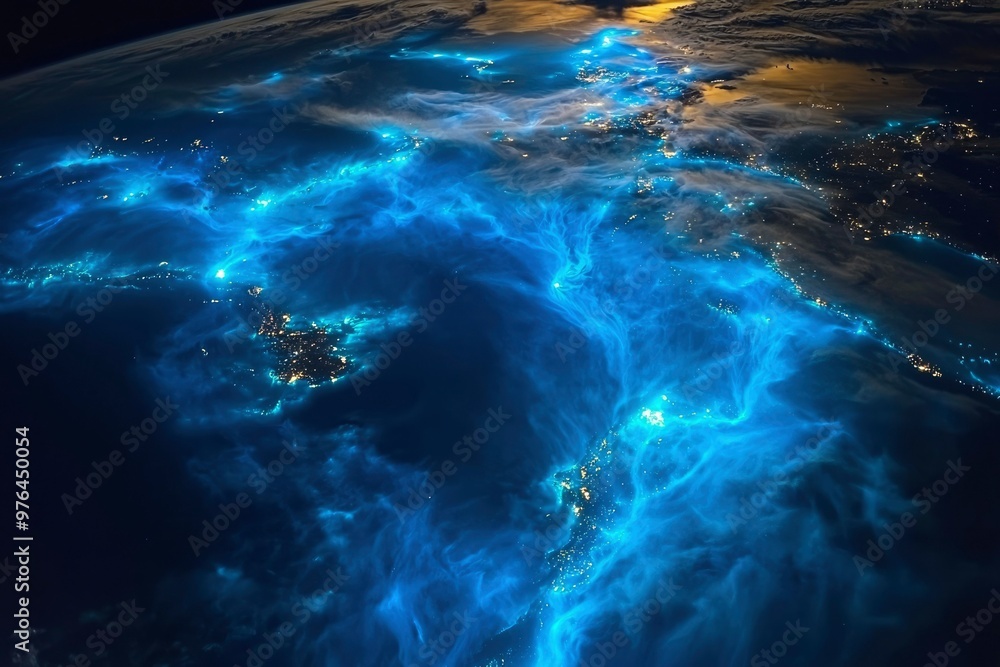 Earth's Surface at Night with Glowing Clouds and City Lights Earth's Surface at Night with Glowing Clouds and City Lights