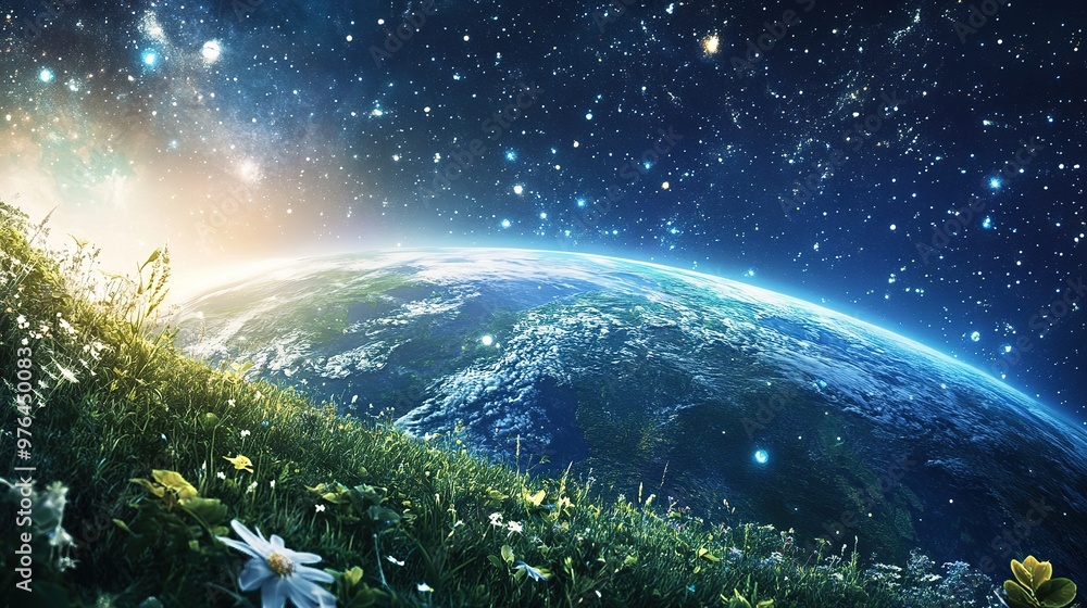 A space scene with Earth glowing among a sea of stars, floating in the universe A space scene with Earth glowing among a sea of stars, floating in the universe
