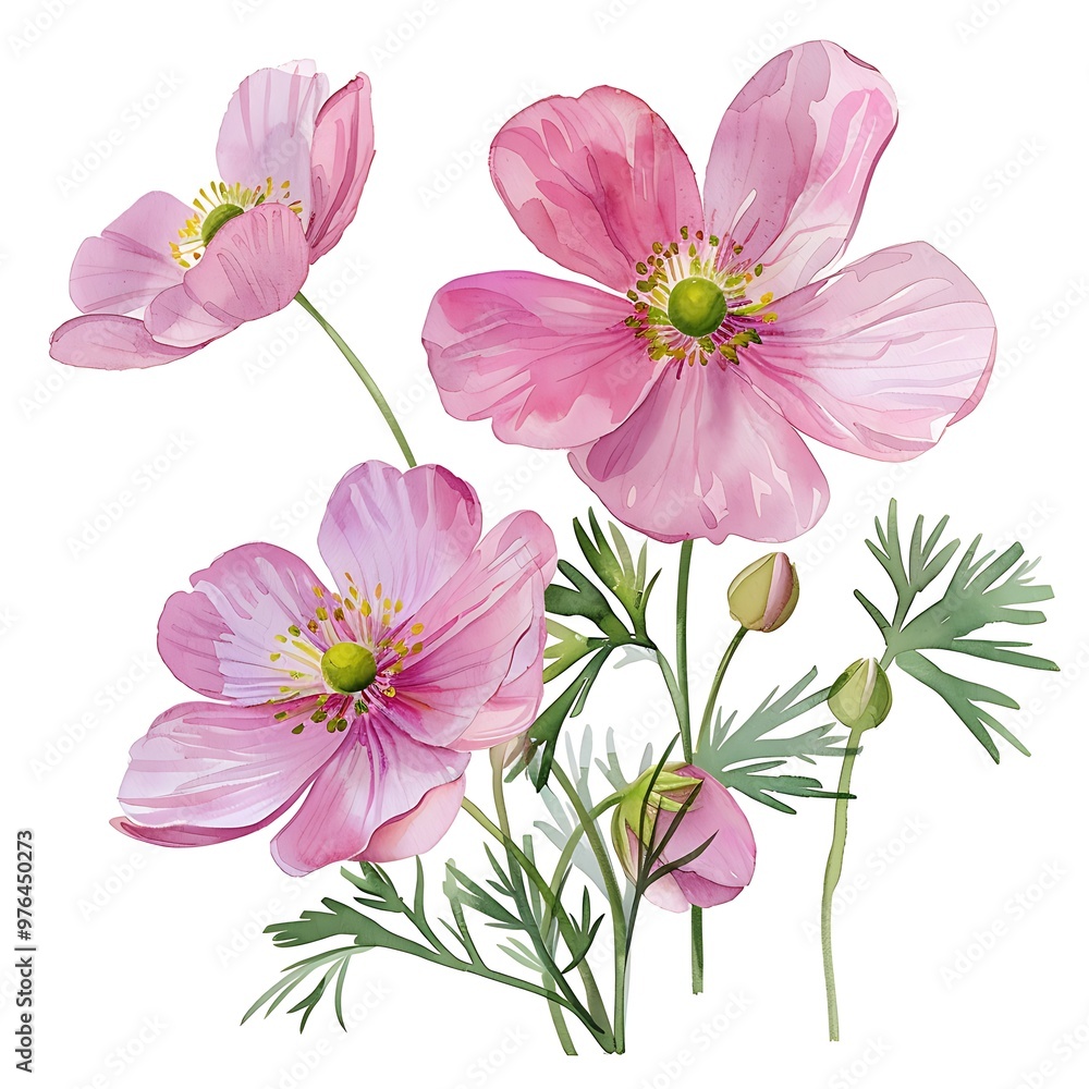 Obraz premium Watercolor Pink Buttercup Isolated on White Background. Beautiful Buttercup Flower