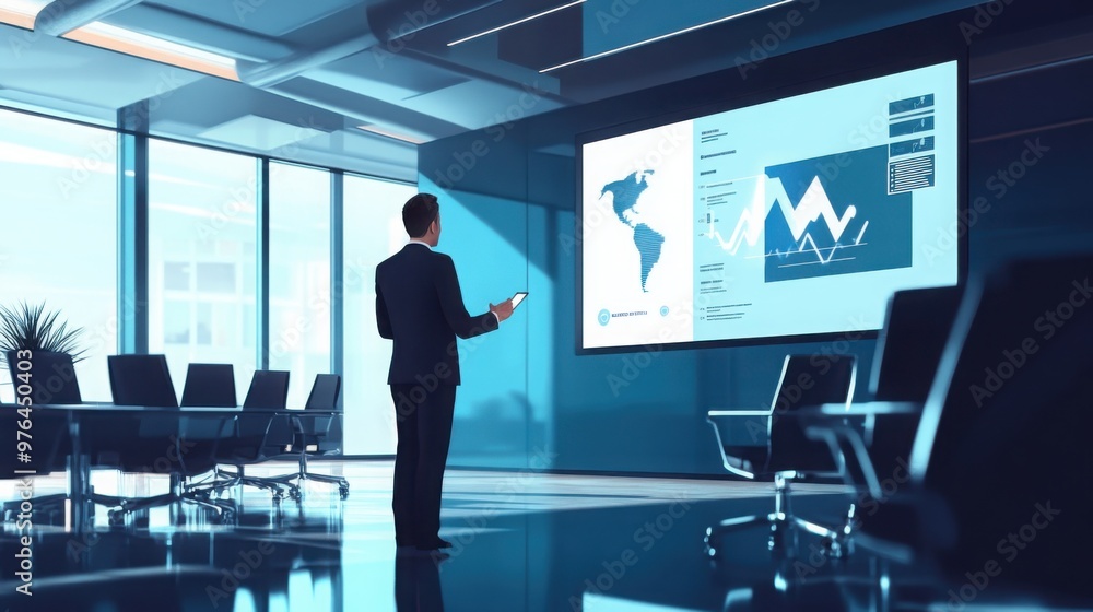 A business executive giving a presentation in a modern office conference room. A business executive giving a presentation in a modern office conference room.