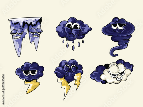 Hand Drawn Retro Cartoon Weather Character Illustration Set