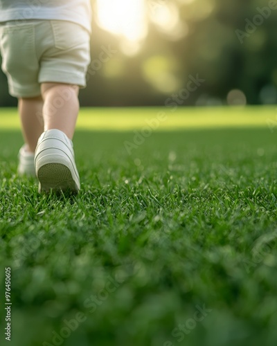 A baby's feet take their first steps on a lush green lawn. The sun shines warmly in the background.