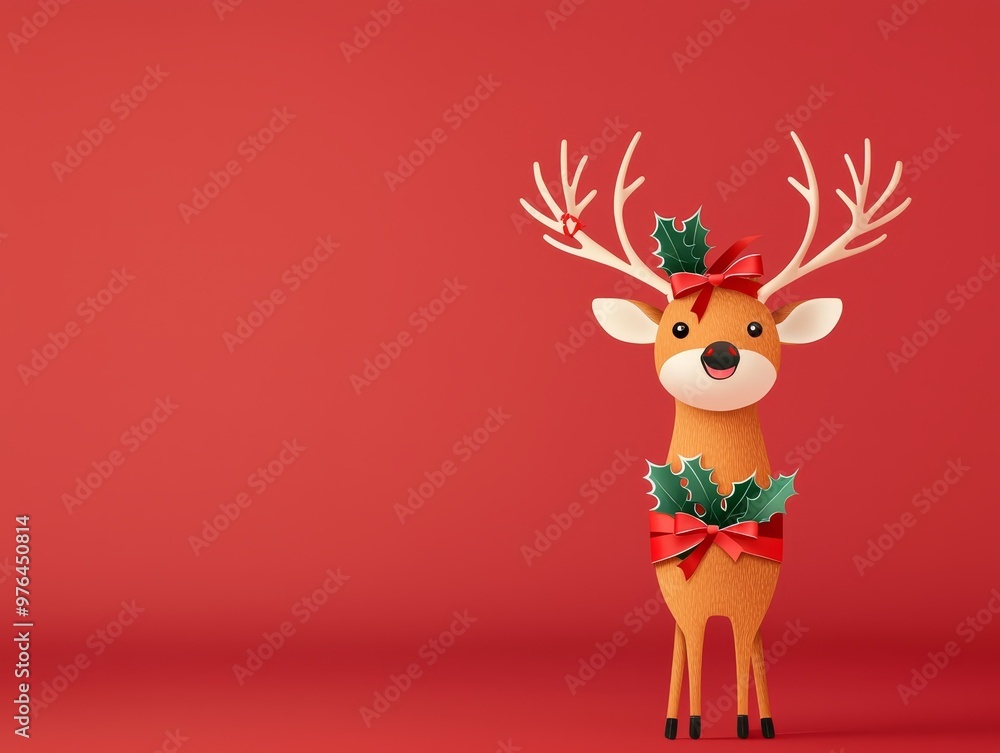 Fototapeta premium A cheerful reindeer adorned with bows and holly, perfect for festive holiday decorations and seasonal imagery.