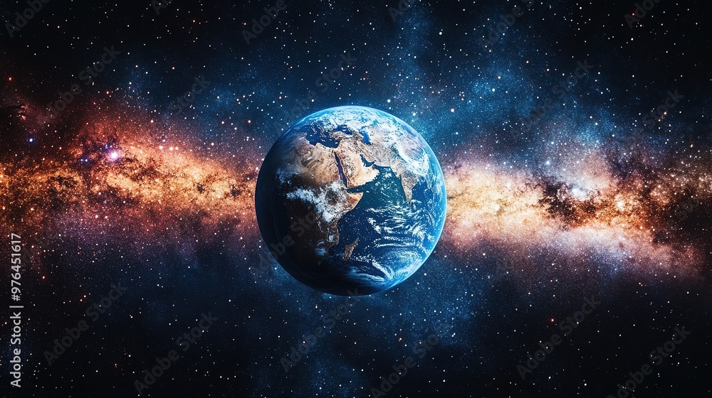 A space scene with Earth glowing among a sea of stars, floating in the universe A space scene with Earth glowing among a sea of stars, floating in the universe