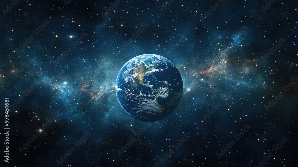 A space scene with Earth glowing among a sea of stars, floating in the universe A space scene with Earth glowing among a sea of stars, floating in the universe