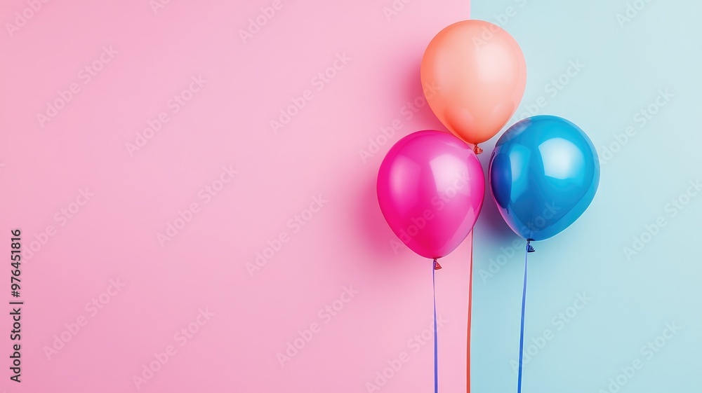 Three colorful balloons against pink and blue background Three colorful balloons against pink and blue background