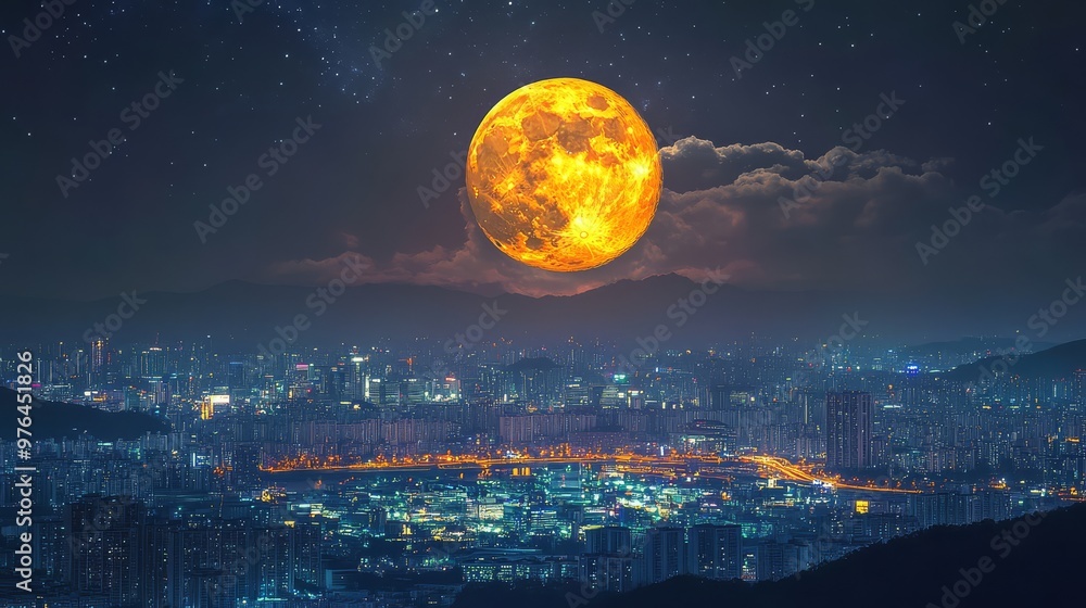 Stunning night cityscape with a bright full moon illuminating the skyline and a beautifully lit city under a starry sky. Stunning night cityscape with a bright full moon illuminating the skyline and a beautifully lit city under a starry sky.