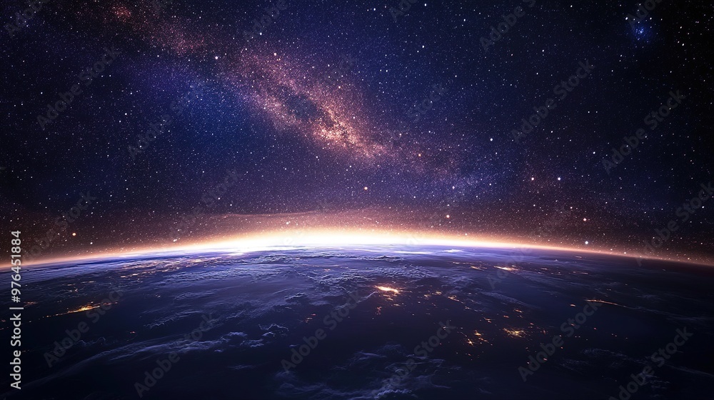 A space scene with Earth glowing among a sea of stars, floating in the universe A space scene with Earth glowing among a sea of stars, floating in the universe