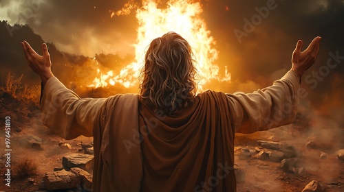 Elias da bíblia pedindo fogo do céu e o Altar no Monte Carmelo: O Confronto com os Profetas de Baal; Elijah Confrontation with the Prophets of Baal
