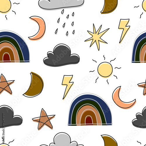 Bohemian seamless pattern with cloud, rainbow, sun, flash, crescent and star. Suitable for kids room decoration, postcard, cover, wallpaper and others.