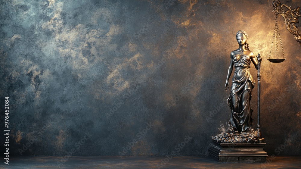 Bronze statue of Lady Justice holding scales in dimly lit room Bronze statue of Lady Justice holding scales in dimly lit room