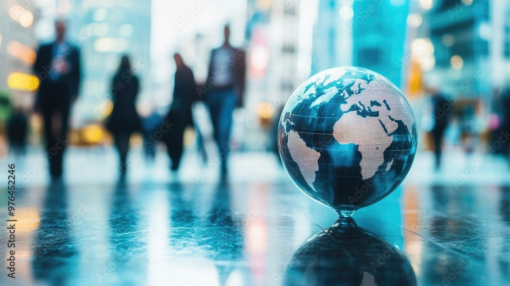 Glass globe with world map on city street, people blurred Glass globe with world map on city street, people blurred