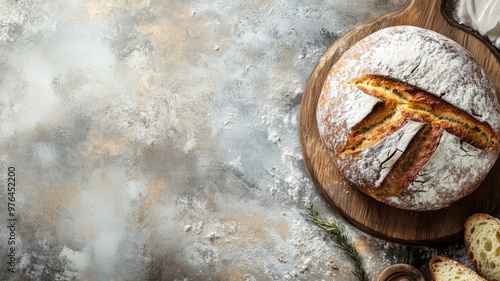 Freshly baked round bread on rustic wooden board photo