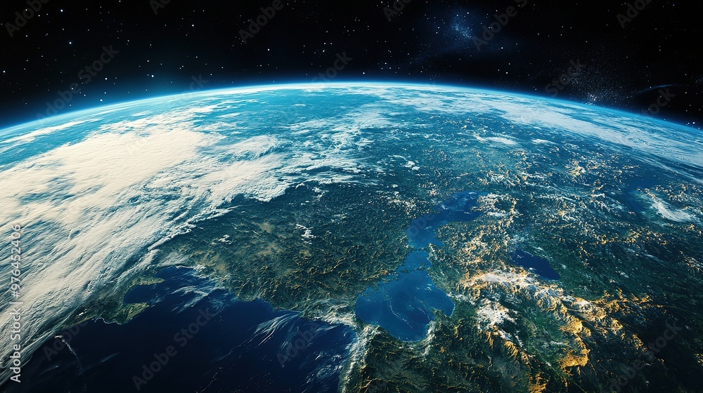 Fototapeta premium A space scene with Earth glowing among a sea of stars, floating in the universe