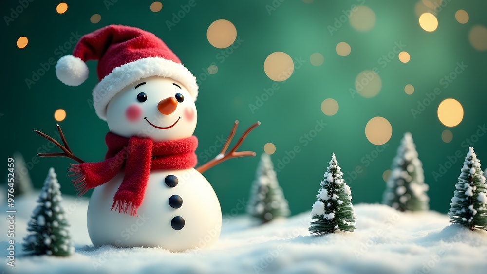A smiling snowman with a red hat and scarf, surrounded by snow and festive lights in the background A smiling snowman with a red hat and scarf, surrounded by snow and festive lights in the background
