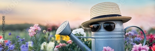 Playful Watering Can with Straw Hat and Sunglasses in Colorful Flower Field at Sunrise or Sunset