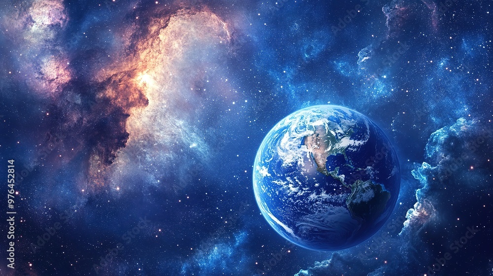 Fototapeta premium A space scene with Earth glowing among a sea of stars, floating in the universe