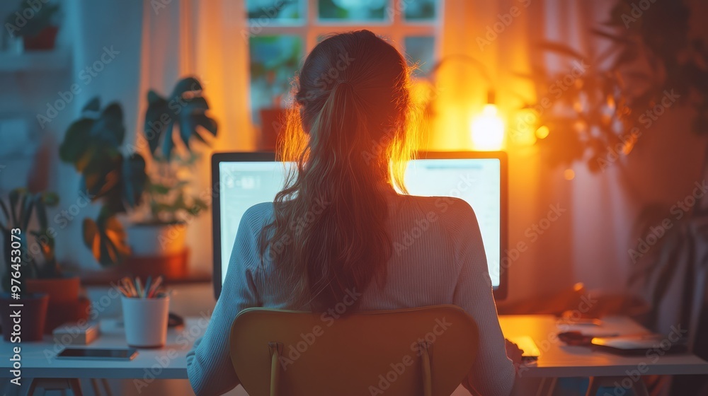 Woman working late at night on her computer in a dimly lit, cozy home office, surrounded by plants and warm light. Woman working late at night on her computer in a dimly lit, cozy home office, surrounded by plants and warm light.