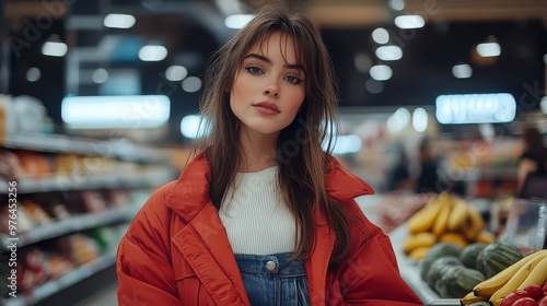 Young woman in a red jacket shopping in a grocery store with fruits and vegetables in the background.