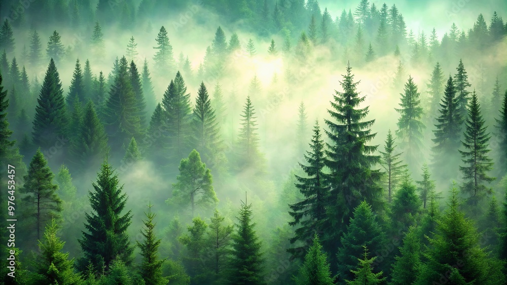 of a mysterious green foggy pine forest with tall fir trees in the background of a mysterious green foggy pine forest with tall fir trees in the background