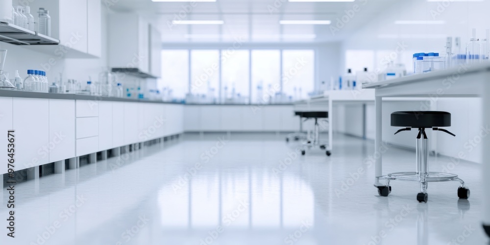A sterile and well-organized modern science laboratory, featuring pristine surfaces, various scientific instruments, and ample natural light through large windows highlighting cleanliness. A sterile and well-organized modern science laboratory, featuring pristine surfaces, various scientific instruments, and ample natural light through large windows highlighting cleanliness.