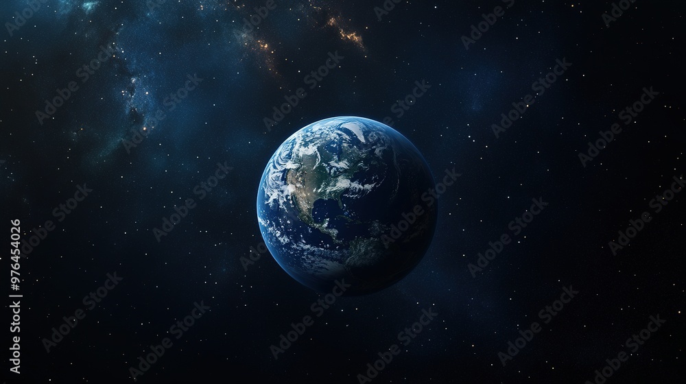 A cosmic view of Earth with its natural landscapes glowing in the light of distant stars A cosmic view of Earth with its natural landscapes glowing in the light of distant stars