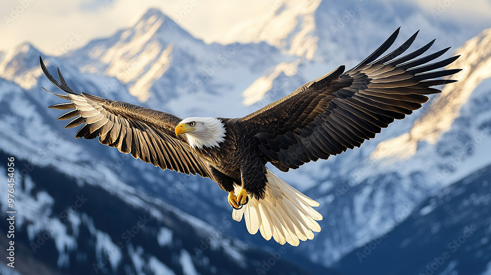 Bald eagle soaring in front of snow-capped mountains Bald eagle soaring in front of snow-capped mountains