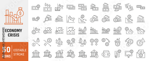 Economy Crisis icon collection. Containing depressions, economic downturn, stock marker cash, financial meltdown, recession, credit crunch, trade war icon. Simple line vector.