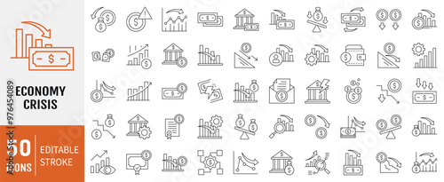 Economy Crisis line icon set. Containing depressions, economic downturn, stock marker cash, financial meltdown, recession, credit crunch, trade war icon. Vector illustration