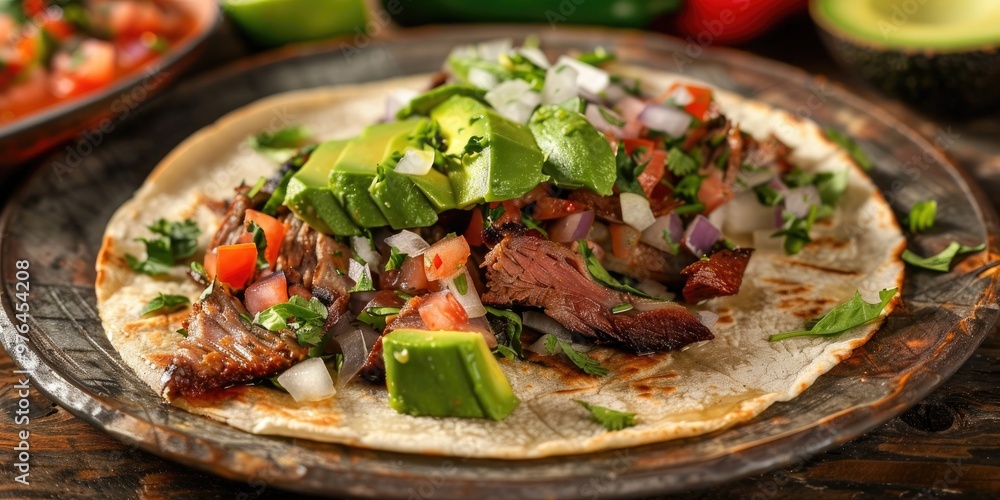 Classic grilled beef taco with avocado, onion, cilantro, and salsa dressing. Classic grilled beef taco with avocado, onion, cilantro, and salsa dressing.