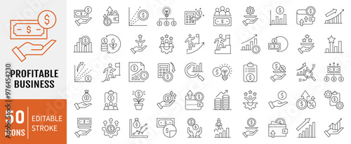 Profitable business icon collection. Containing profit, income, revenue, sales, cash flow icon. Simple line vector.