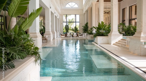 Wallpaper Mural Tranquil Luxury: Businesspeople Relaxing at Opulent Indoor Pool of Estate with Garden Views and Marble Columns Torontodigital.ca