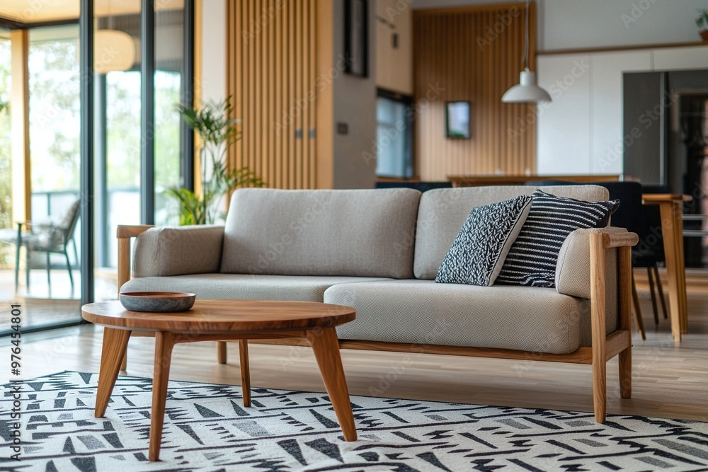 A living room photo of a combination of Scandinavian interiors and mid-century modern interiors in a modern living room with wood-paneled walls and sofas. Generative AI
A living room photo of a combination of Scandinavian interiors and mid-century modern interiors in a modern living room with wood-paneled walls and sofas. Generative AI
