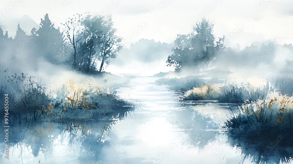A foggy watercolor landscape painting of a creek in the woods. A foggy watercolor landscape painting of a creek in the woods.