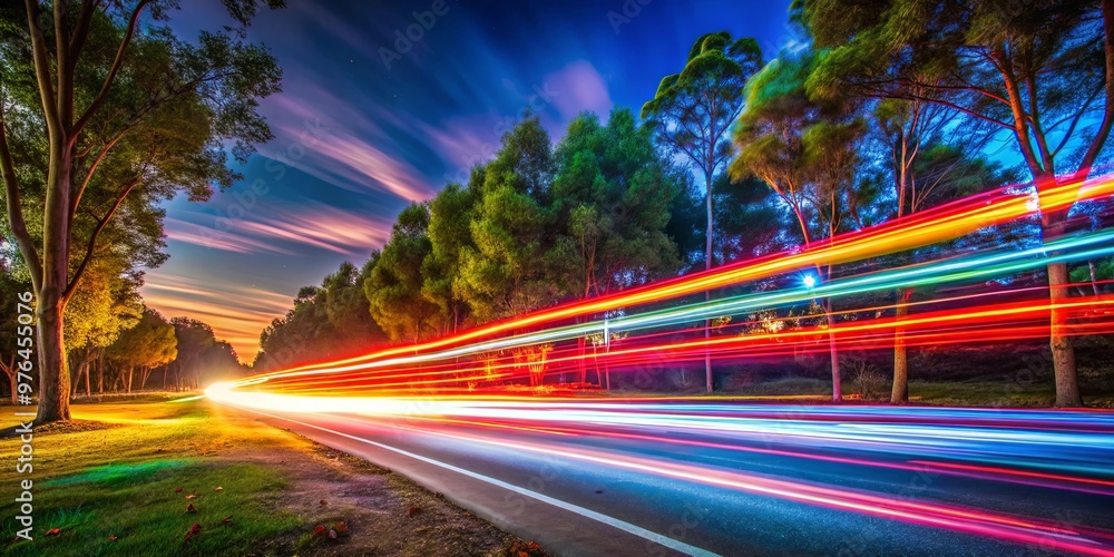 Vibrant light streaks illuminating the foreground with a backdrop of trees Vibrant light streaks illuminating the foreground with a backdrop of trees
