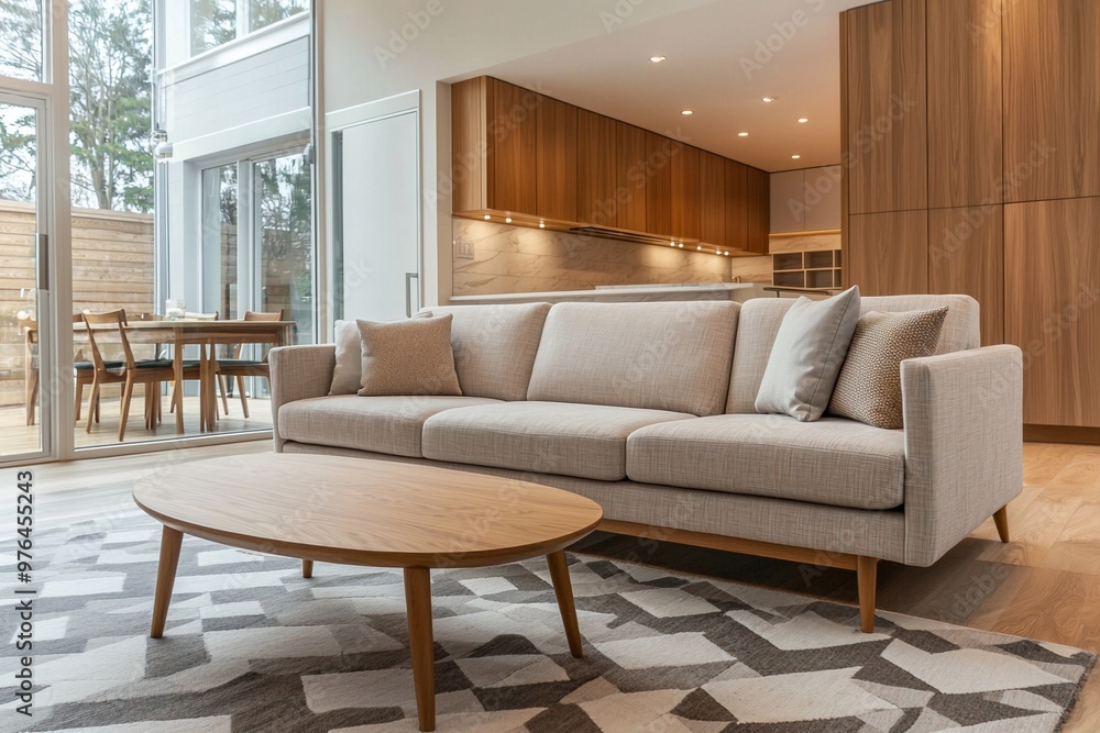 A Scandinavian mid-century modern interior photo of a residential living room with wood-paneled walls and a sofa and table. Generative AI
A Scandinavian mid-century modern interior photo of a residential living room with wood-paneled walls and a sofa and table. Generative AI