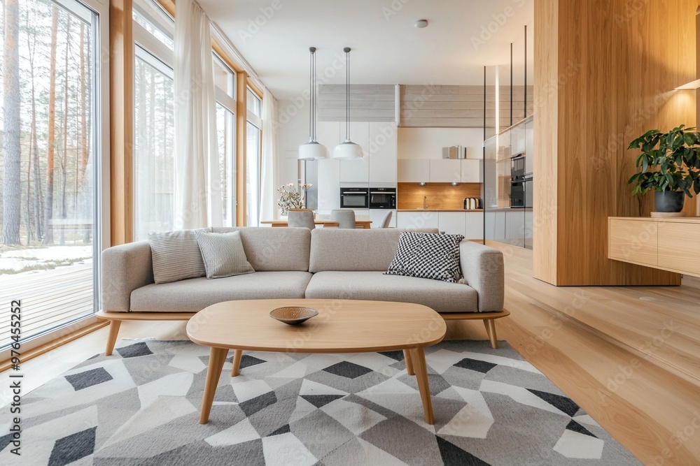 Fototapeta premium This is the living room and kitchen of the house with the wood finish. This is a modern japandi interior with a sofa in the living room. Generative AI 