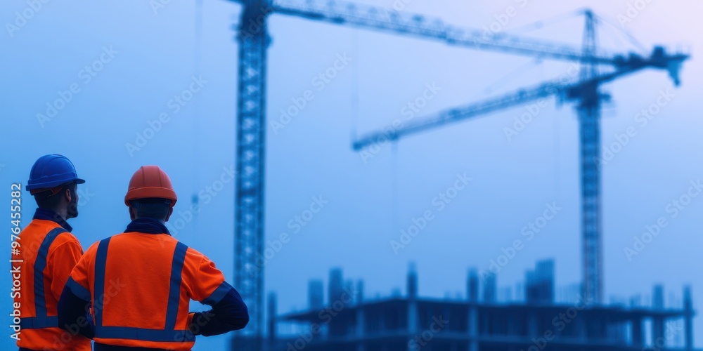 Two construction workers wearing orange uniforms and helmets are ...