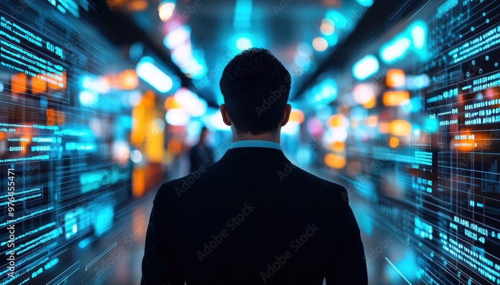 A business professional stands in a futuristic corridor, surrounded by vibrant data streams and glowing lights, symbolizing innovation. A business professional stands in a futuristic corridor, surrounded by vibrant data streams and glowing lights, symbolizing innovation.