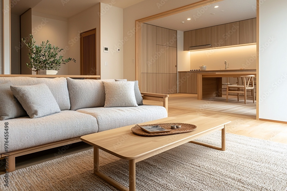 A living room with a wall finished using wood. A photo of a Japandi mid century modern interior with a white-toned sofa and a wooden table. Generative AI
A living room with a wall finished using wood. A photo of a Japandi mid century modern interior with a white-toned sofa and a wooden table. Generative AI