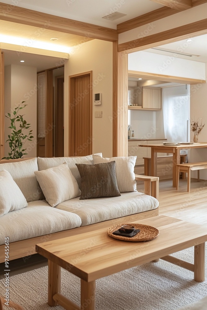 Fototapeta premium A modern living room interior photograph of a woody japandi interior and a Scandinavian interior combination. Generative AI 