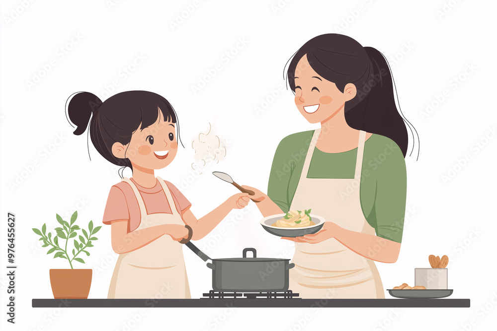 Mother and Daughter Cooking Together, Happy Family Time in the Kitchen, Illustration of Bonding Mother and Daughter Cooking Together, Happy Family Time in the Kitchen, Illustration of Bonding