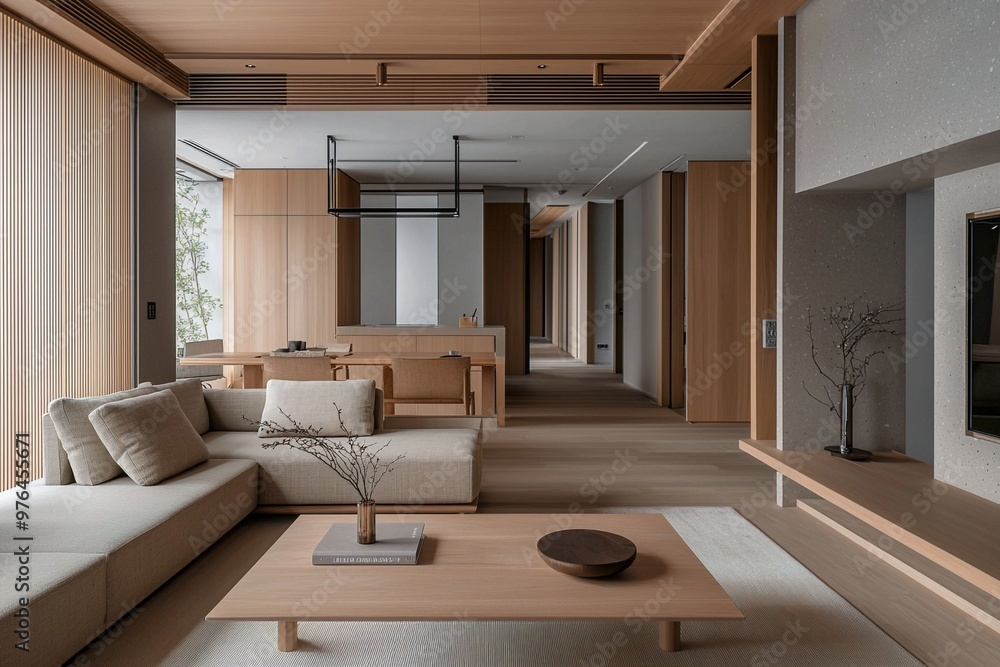 A living room with a wall finished using wood. A photo of a Japandi mid century modern interior with a white-toned sofa and a wooden table. Generative AI
A living room with a wall finished using wood. A photo of a Japandi mid century modern interior with a white-toned sofa and a wooden table. Generative AI