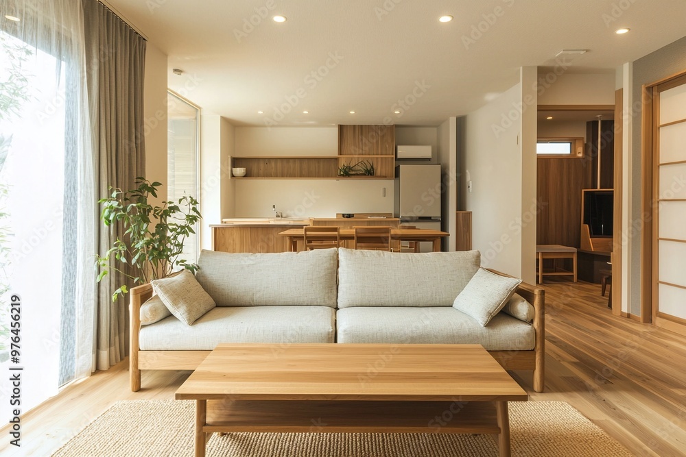 Fototapeta premium This is the living room and kitchen of the house with the wood finish. This is a modern japandi interior with a sofa in the living room. Generative AI 