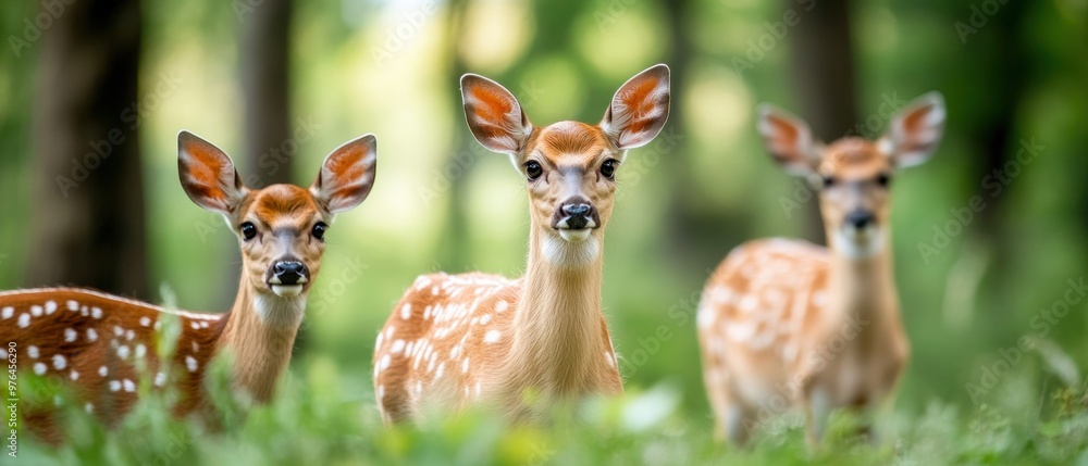 A trio of young deer standing gracefully in a lush, green forest, showcasing their spotted coats and inquisitive expressions. A trio of young deer standing gracefully in a lush, green forest, showcasing their spotted coats and inquisitive expressions.