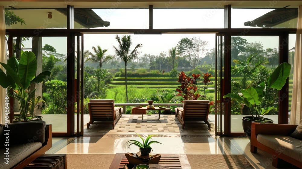 Living Room with Stunning View of Green Rice Terraces Living Room with Stunning View of Green Rice Terraces