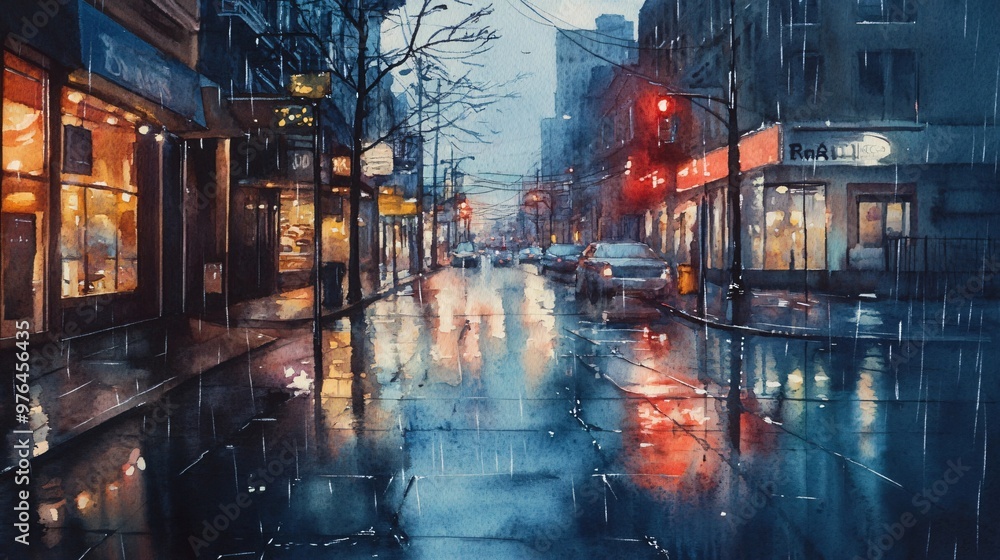 A watercolor painting depicting a wet city street at night with cars and shops lit by streetlights. A watercolor painting depicting a wet city street at night with cars and shops lit by streetlights.