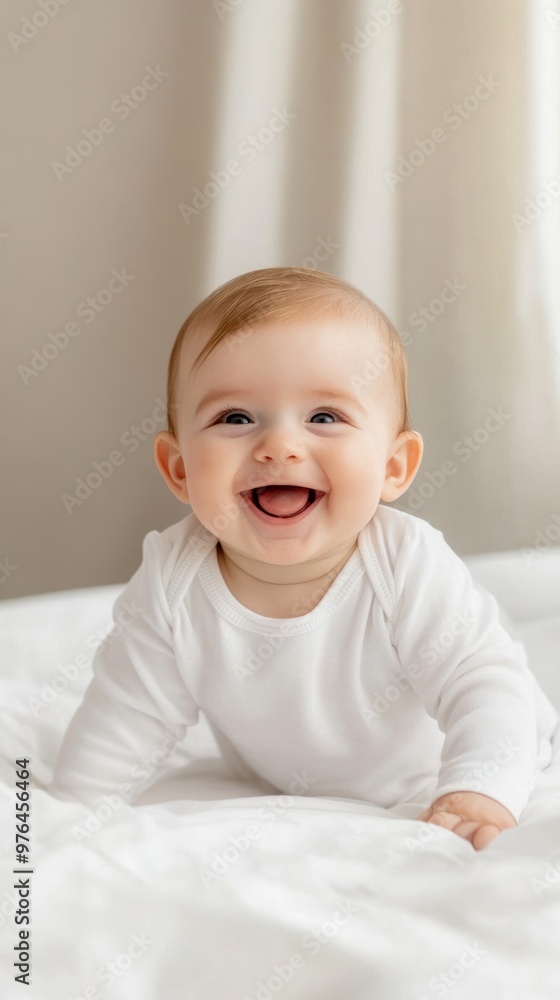 Adorable baby smiling on soft bedding, radiating joy and innocence in a cozy, bright environment. Adorable baby smiling on soft bedding, radiating joy and innocence in a cozy, bright environment.