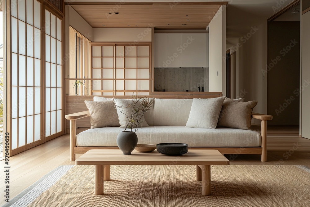 This is the living room and kitchen of the house with the wood finish. This is a modern japandi interior with a sofa in the living room. Generative AI
This is the living room and kitchen of the house with the wood finish. This is a modern japandi interior with a sofa in the living room. Generative AI
